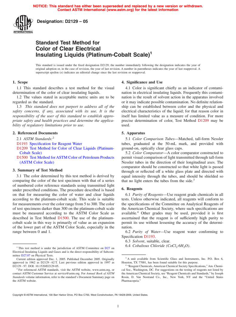 ASTM D2129-05 - Standard Test Method for Color of Clear Electrical Insulating Liquids (Platinum-Cobalt Scale)