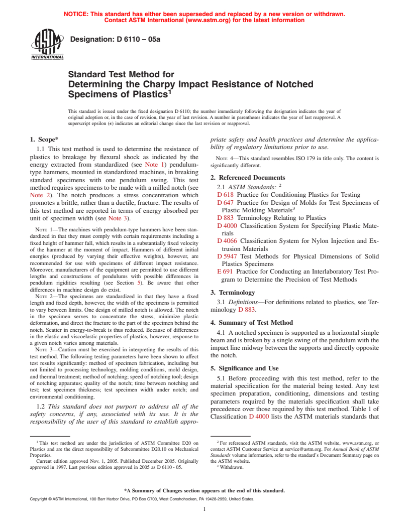 ASTM D6110-05a - Standard Test Method for Determining the Charpy Impact Resistance of Notched Specimens of Plastics