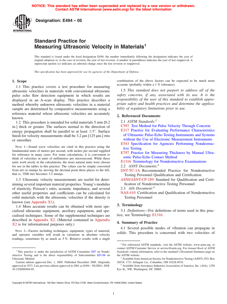 ASTM E494-05 - Standard Practice for Measuring Ultrasonic Velocity in Materials