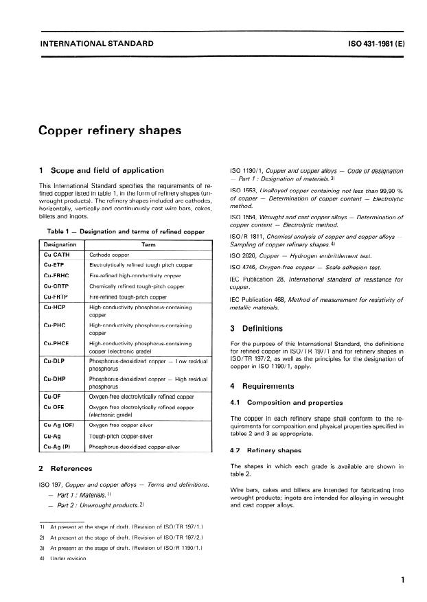 ISO 431:1981 - Copper refinery shapes