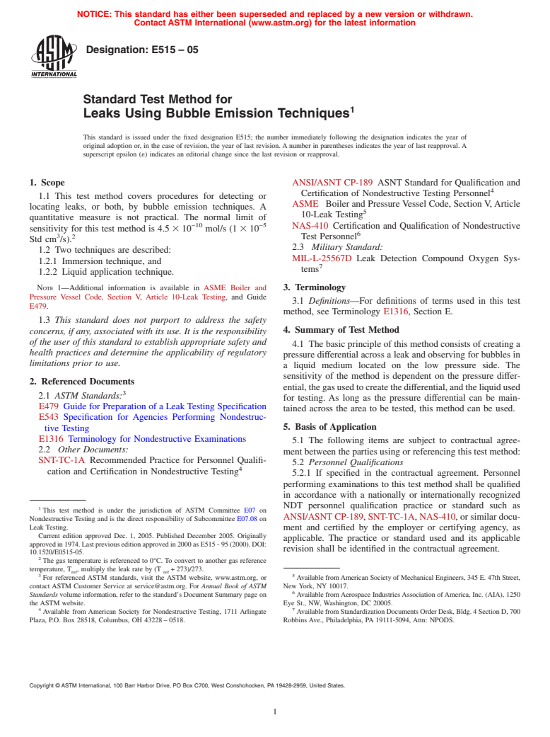 ASTM E515-05 - Standard Test Method for Leaks Using Bubble Emission Techniques