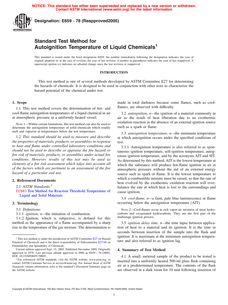 ASTM E659-78(2005) - Standard Test Method for Autoignition Temperature of Liquid Chemicals