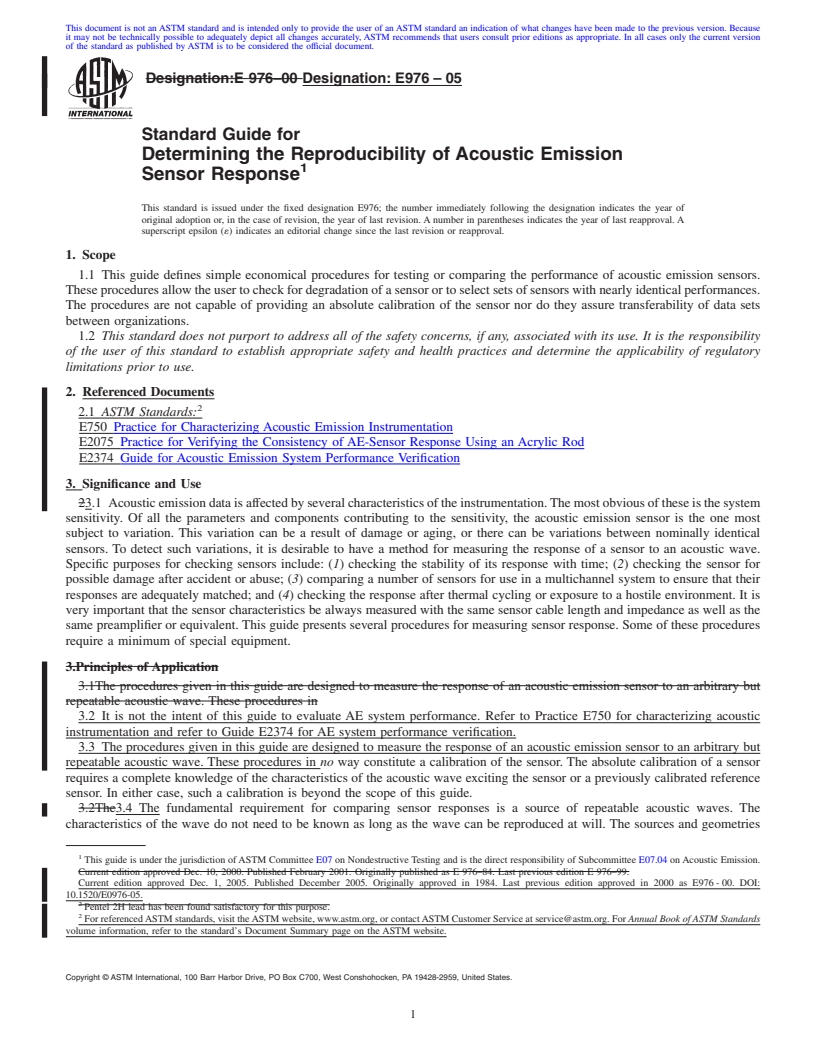 REDLINE ASTM E976-05 - Standard Guide for Determining the Reproducibility of Acoustic Emission Sensor Response