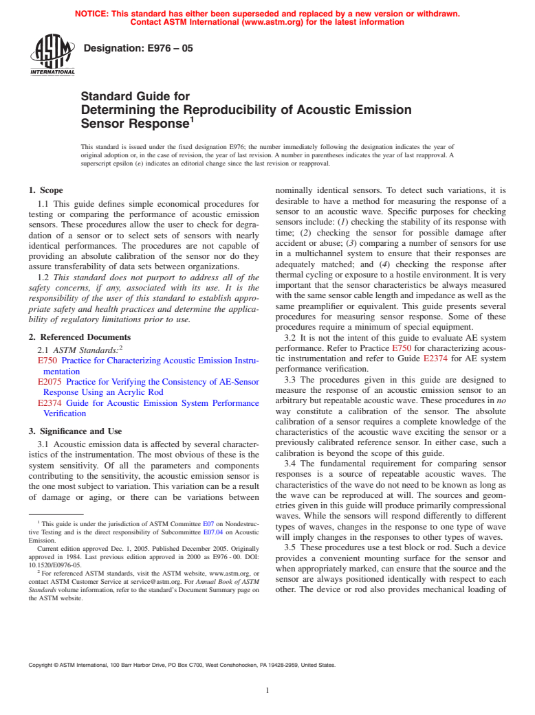 ASTM E976-05 - Standard Guide for Determining the Reproducibility of Acoustic Emission Sensor Response