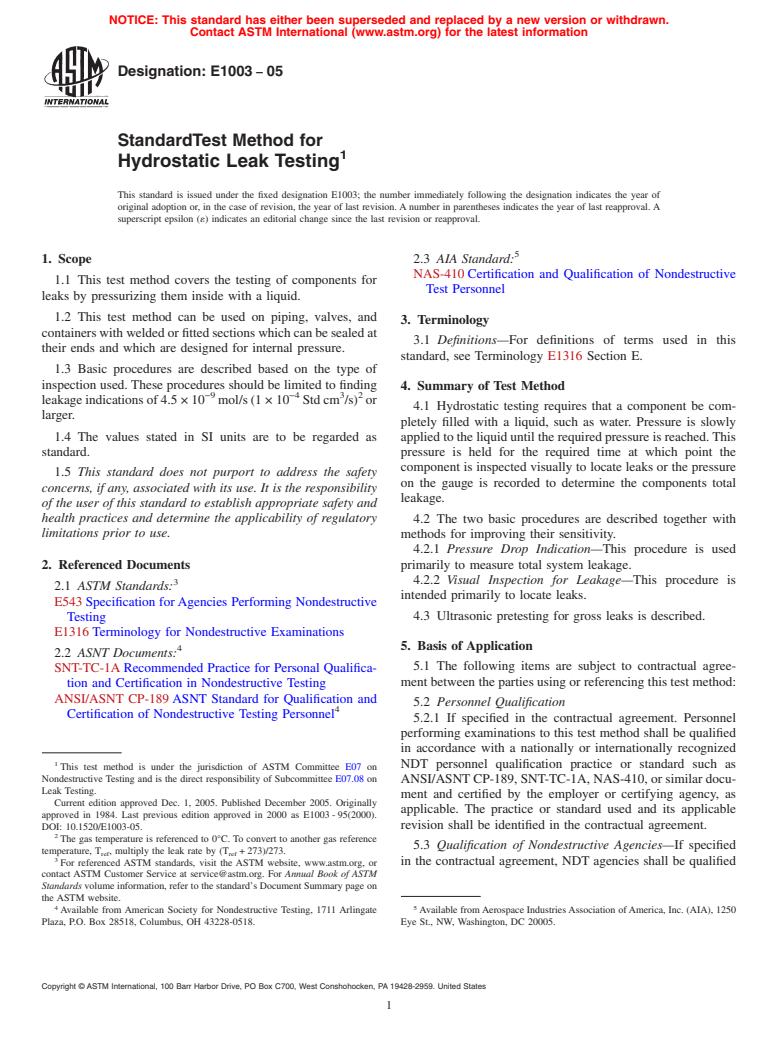 ASTM E1003-05 - Standard Test Method for Hydrostatic Leak Testing