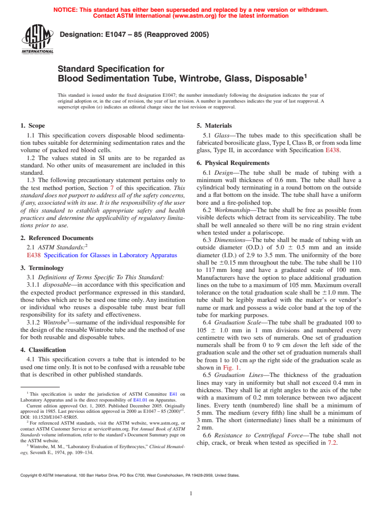 ASTM E1047-85(2005) - Standard Specification for Blood Sedimentation Tube, Wintrobe, Glass, Disposable