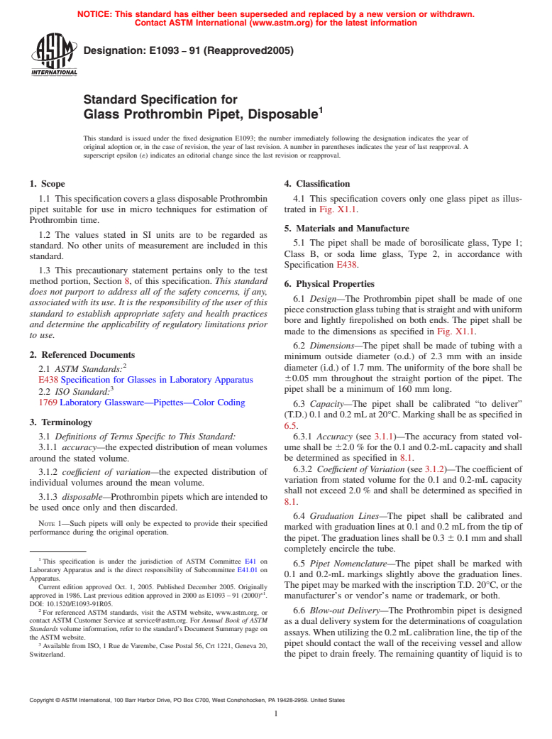 ASTM E1093-91(2005) - Standard Specification for Glass Prothrombin Pipet, Disposable