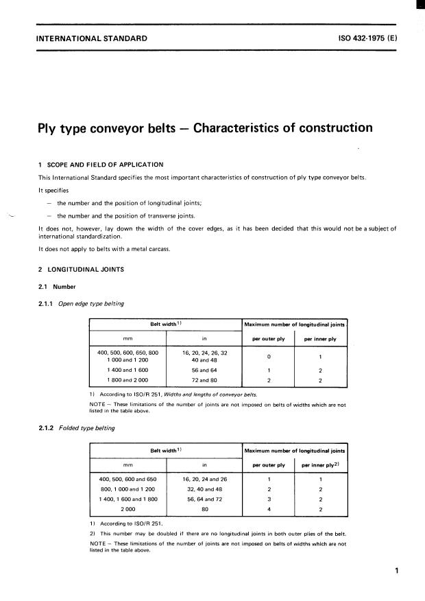 ISO 432:1975 - Ply type conveyor belts -- Characteristics of construction