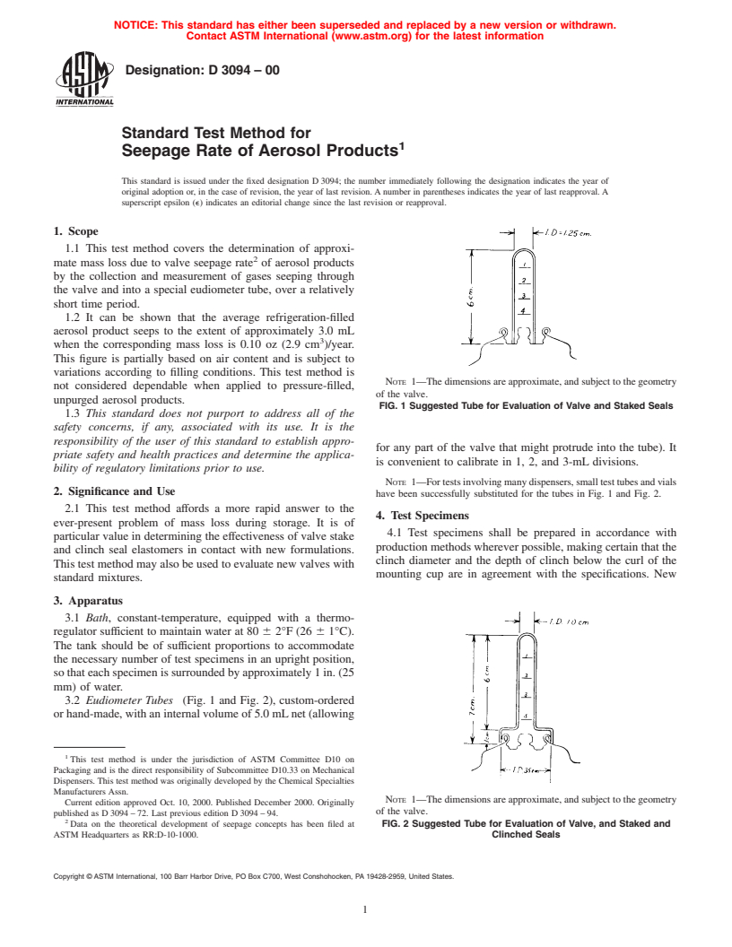 ASTM D3094-00 - Standard Test Method for Seepage Rate of Aerosol Products