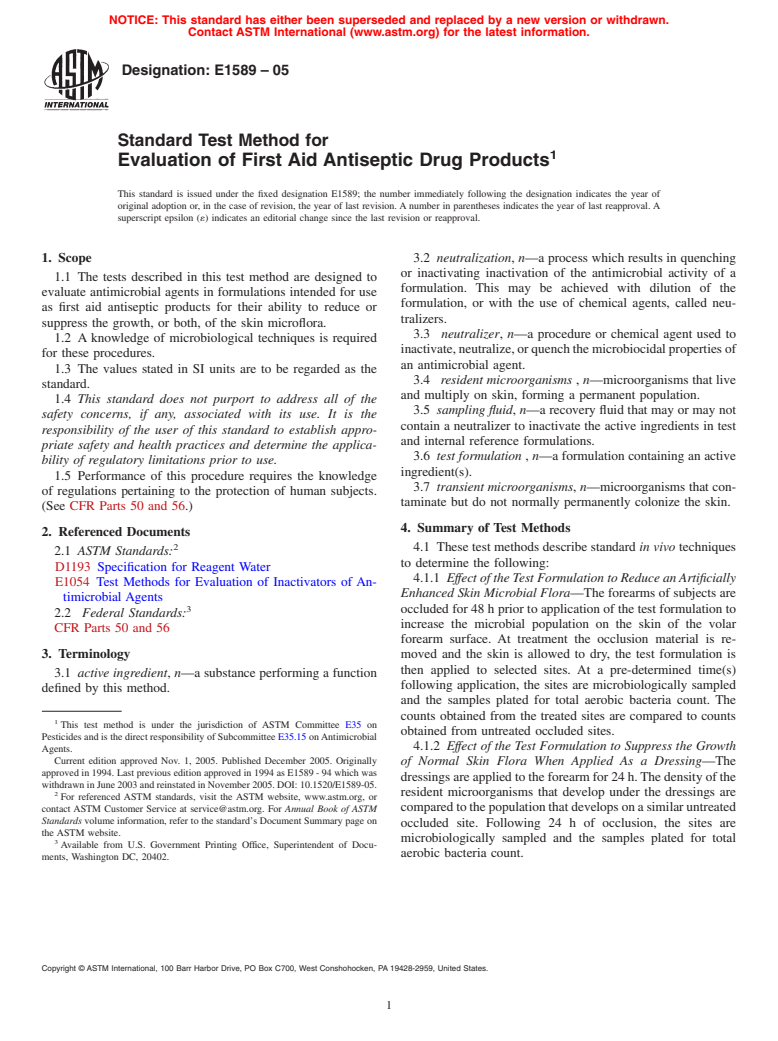 ASTM E1589-05 - Standard Test Method for Evaluation of First Aid Antiseptic Drug Products