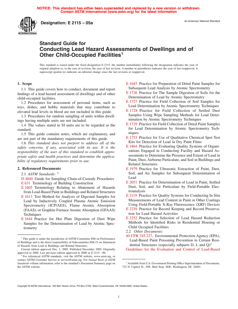 ASTM E2115-05a - Standard Guide for Conducting Lead Hazard Assessments of Dwellings and of Other Child-Occupied Facilities