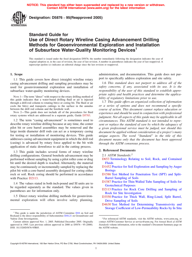 ASTM D5876-95(2005) - Standard Guide for  Use of Direct Rotary Wireline Casing Advancement Drilling Methods for Geoenvironmental Exploration and Installation of Subsurface Water-Quality  Monitoring Devices