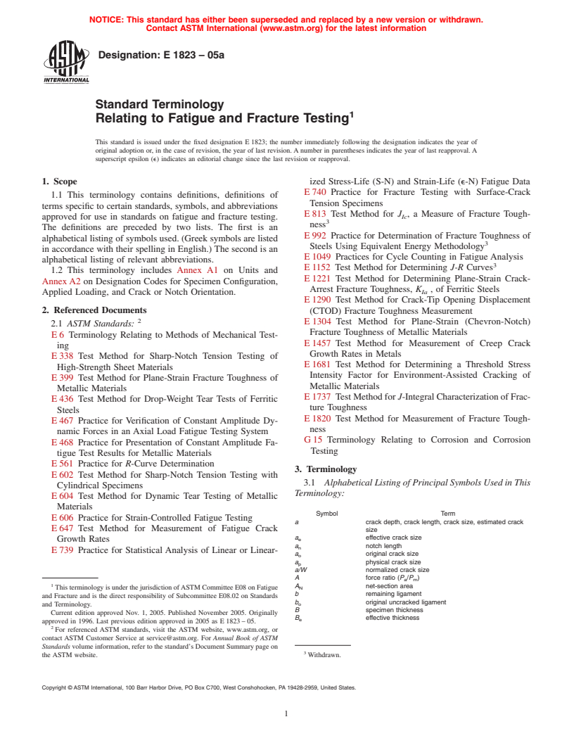 ASTM E1823-05a - Standard Terminology Relating to Fatigue and Fracture Testing