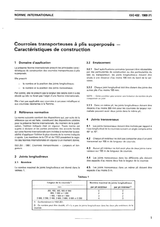 ISO 432:1989 - Courroies transporteuses a plis superposés -- Caractéristiques de construction