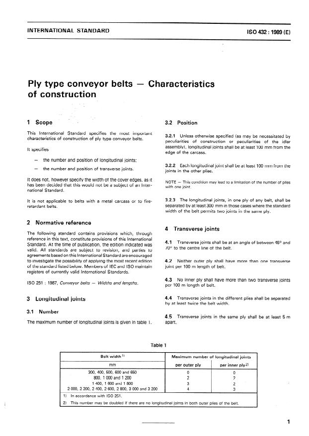 ISO 432:1989 - Ply type conveyor belts -- Characteristics of construction