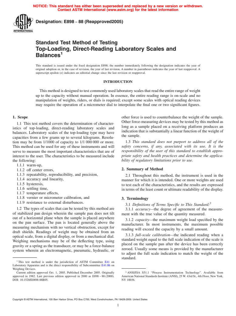 ASTM E898-88(2005) - Standard Test Method of Testing Top-Loading, Direct-Reading Laboratory Scales and Balances