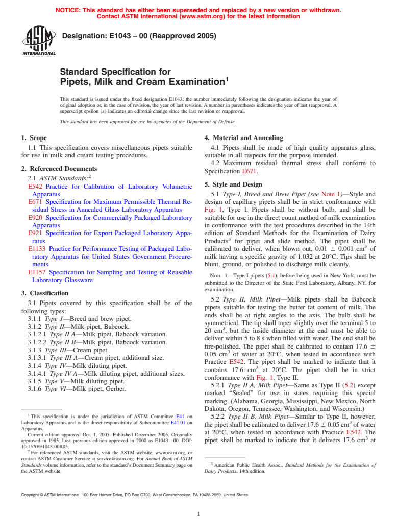 ASTM E1043-00(2005) - Standard Specification for Pipets, Milk and Cream Examination