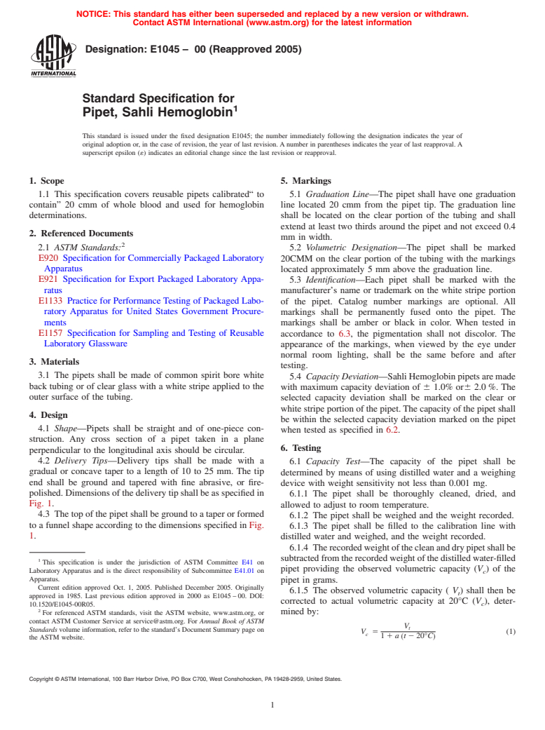 ASTM E1045-00(2005) - Standard Specification for Pipet, Sahli Hemoglobin