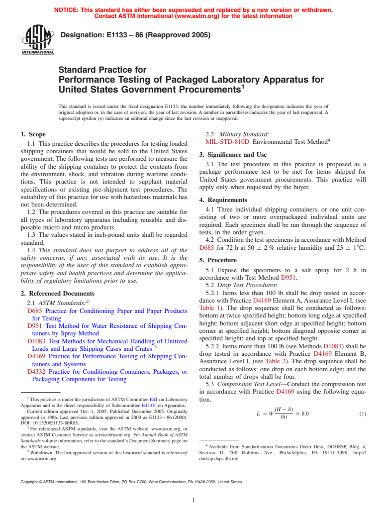 ASTM E1133-86(2005) - Standard Practice for Performance Testing of Packaged Laboratory Apparatus for United States Government Procurements