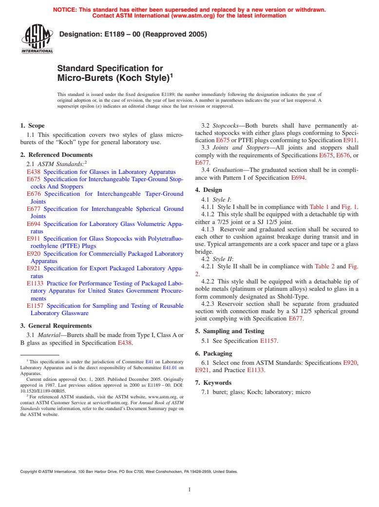 ASTM E1189-00(2005) - Standard Specification for Micro-Burets (Koch Style)