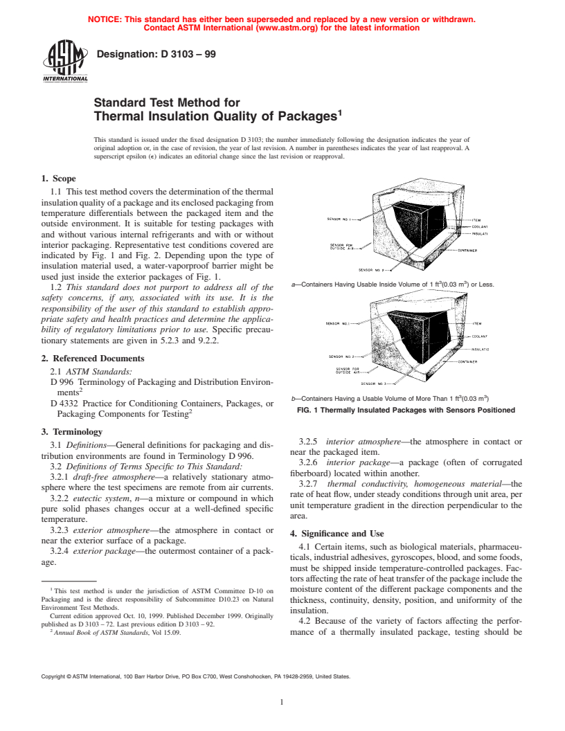 ASTM D3103-99 - Standard Test Method for Thermal Insulation Quality of Packages