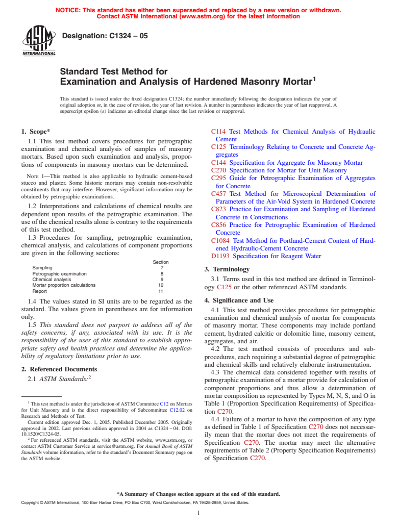 ASTM C1324-05 - Standard Test Method for Examination and Analysis of Hardened Masonry Mortar