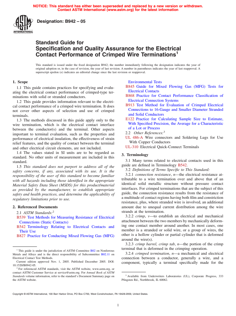 ASTM B942-05 - Standard Guide for Specification and Quality Assurance for the Electrical Contact Performance of Crimped Wire Terminations