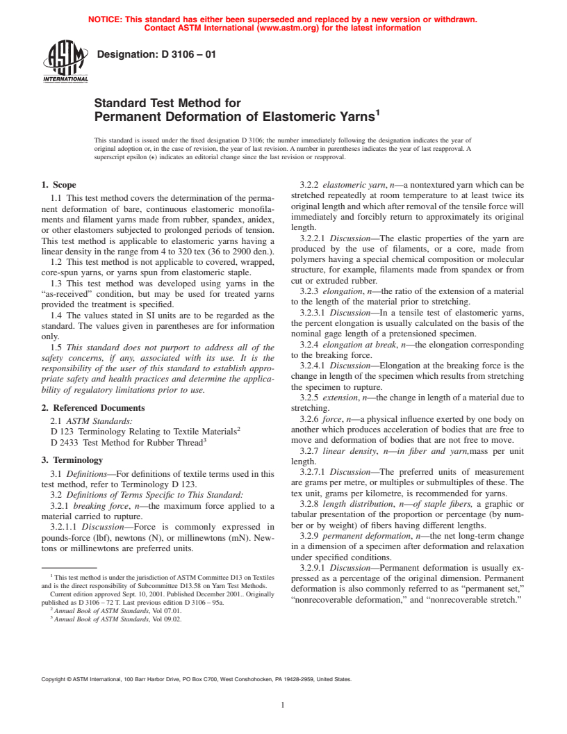 ASTM D3106-01 - Standard Test Method for Permanent Deformation of Elastomeric Yarns