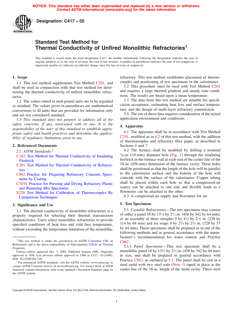 ASTM C417-05 - Standard Test Method for Thermal Conductivity of Unfired Monolithic Refractories