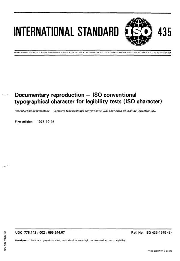 ISO 435:1975 - Documentary reproduction -- ISO conventional typographical character for legibility tests (ISO character)