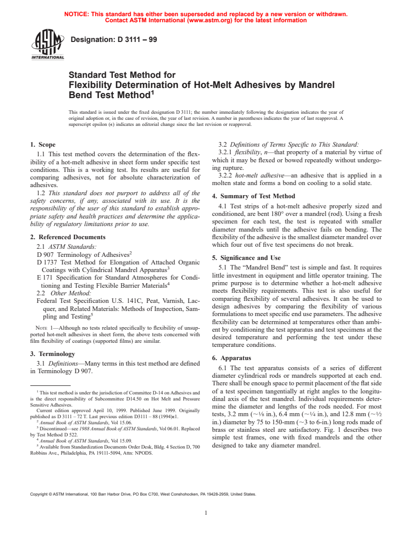 ASTM D3111-99 - Standard Test Method for Flexibility Determination of Hot-Melt Adhesives by Mandrel Bend Test Method