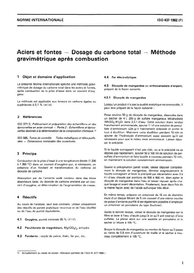 ISO 437:1982 - Aciers et fontes -- Dosage du carbone total -- Méthode gravimétrique apres combustion