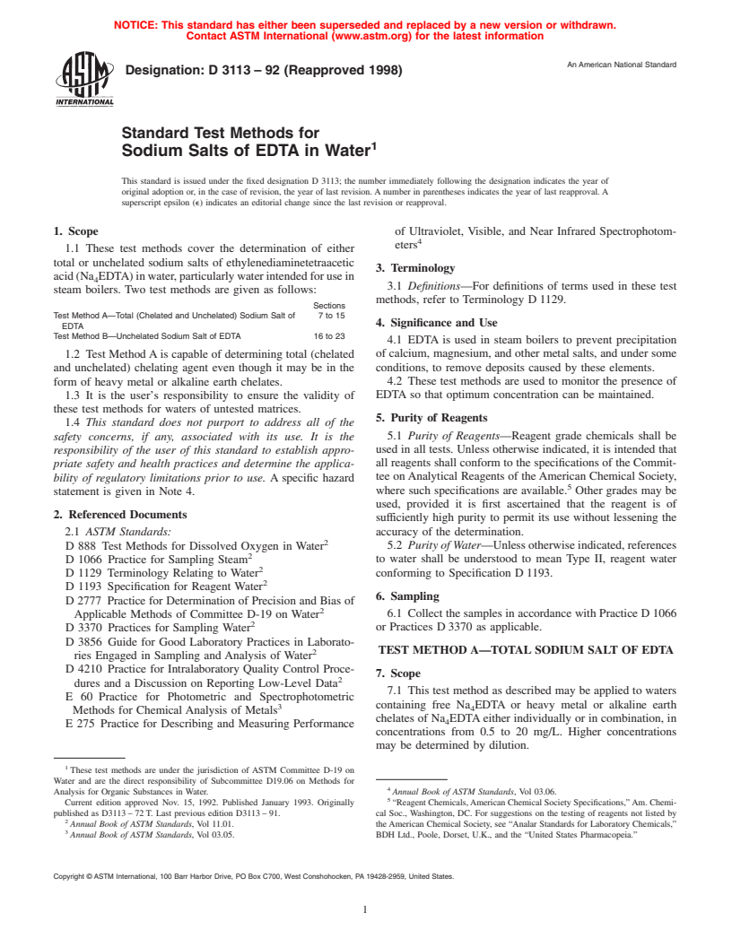 ASTM D3113-92(1998) - Standard Test Methods for Sodium Salts of EDTA in Water (Withdrawn 2005)