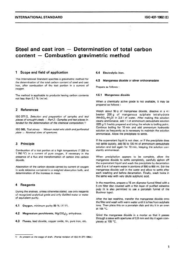 ISO 437:1982 - Steel and cast iron -- Determination of total carbon content -- Combustion gravimetric method