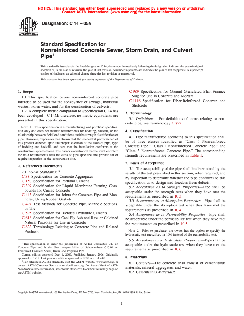 ASTM C14-05a - Standard Specification for Nonreinforced Concrete Sewer, Storm Drain, and Culvert Pipe