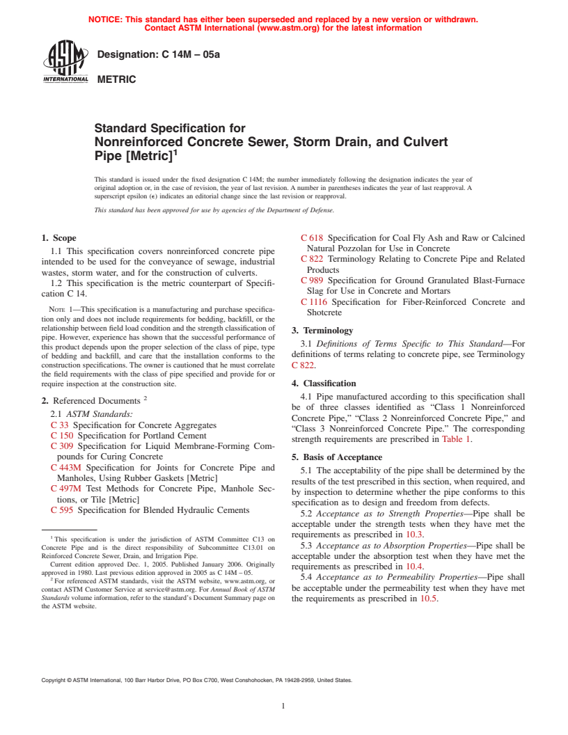 ASTM C14M-05a - Standard Specification for Nonreinforced Concrete Sewer, Storm Drain, and Culvert Pipe (Metric)