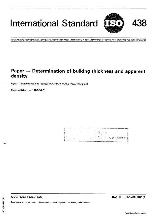 ISO 438:1980 - Paper -- Determination of bulking thickness and apparent density