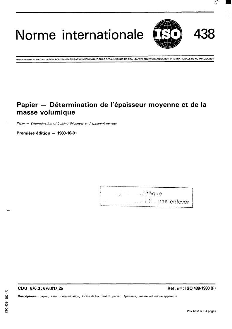 ISO 438:1980 - Paper — Determination of bulking thickness and apparent density
Released:10/1/1980