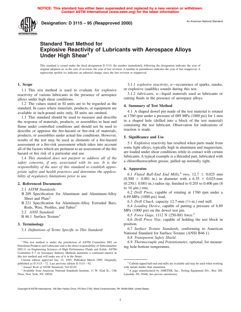 ASTM D3115-95(2000) - Standard Test Method for Explosive Reactivity of Lubricants with Aerospace Alloys Under High Shear