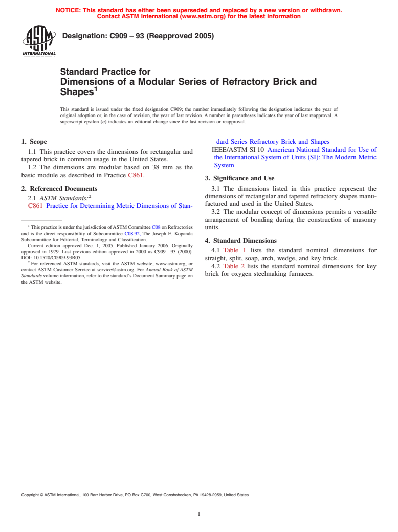 ASTM C909-93(2005) - Standard Practice for Dimensions of a Modular Series of Refractory Brick and Shapes