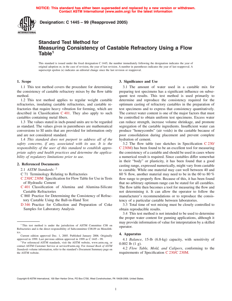 ASTM C1445-99(2005) - Standard Test Method for Measuring Consistency of Castable Refractory Using a Flow Table