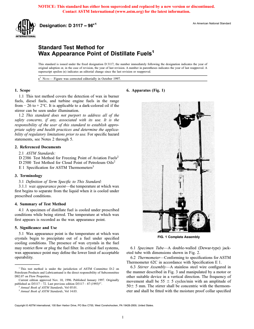 ASTM D3117-96e1 - Standard Test Method for Wax Appearance Point of Distillate Fuels