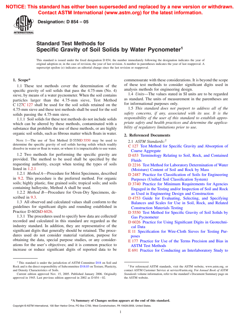 ASTM D854-05 - Standard Test Methods for Specific Gravity of Soil Solids by Water Pycnometer