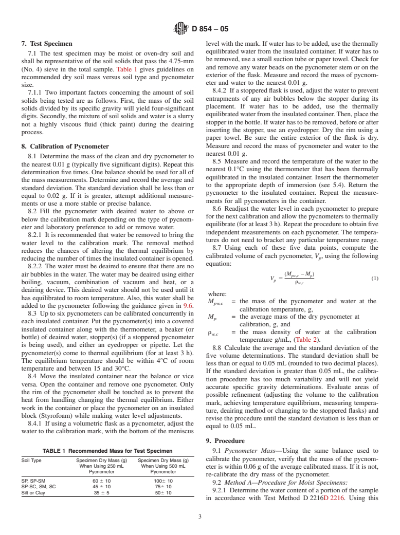 ASTM D854-05 - Standard Test Methods for Specific Gravity of Soil Solids by Water Pycnometer