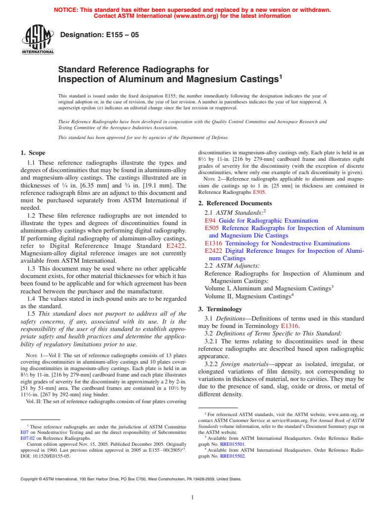 ASTM E155-05 - Standard Reference Radiographs for Inspection of Aluminum and Magnesium Castings