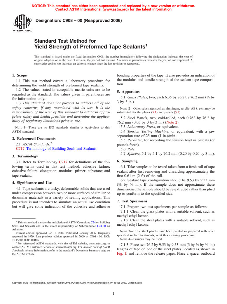 ASTM C908-00(2006) - Standard Test Method for Yield Strength of Preformed Tape Sealants