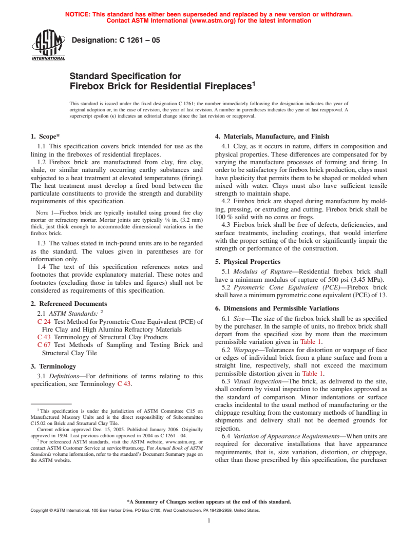 ASTM C1261-05 - Standard Specification for Firebox Brick for Residential Fireplaces