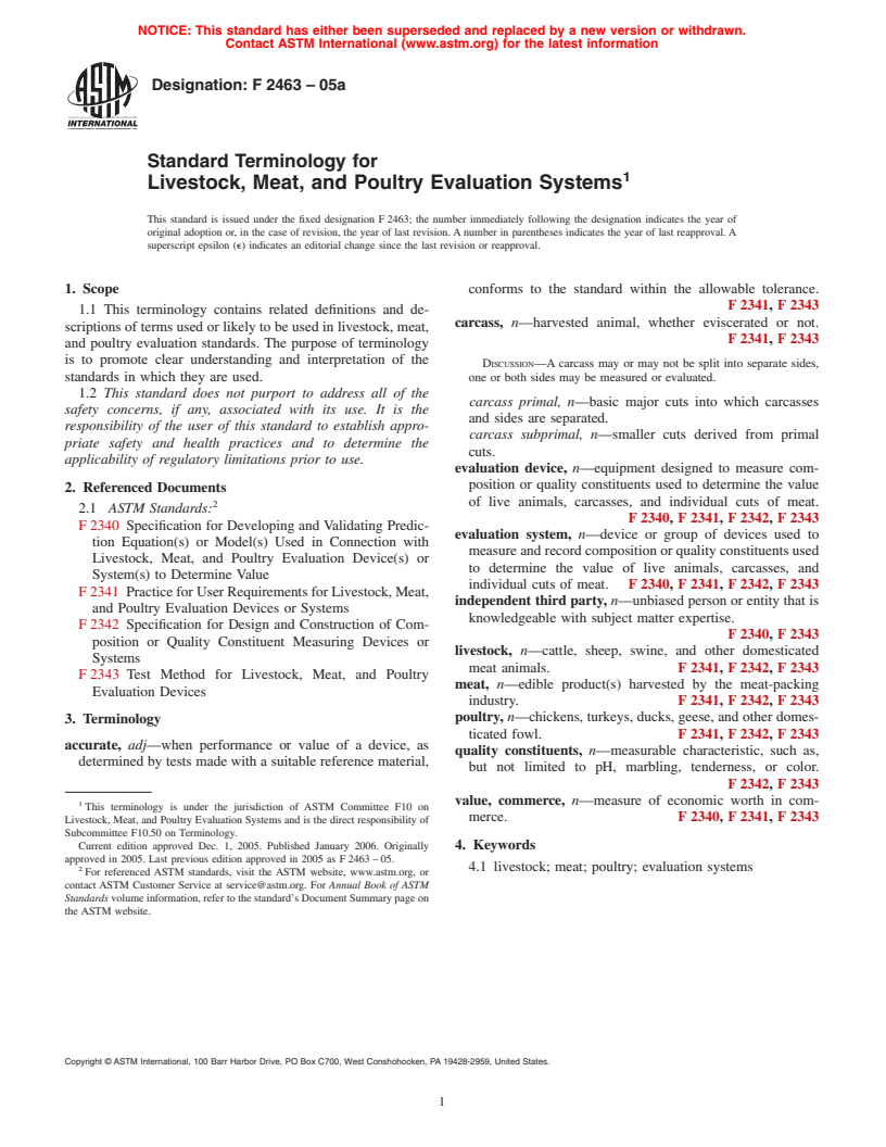 ASTM F2463-05a - Standard Terminology for Livestock, Meat, and Poultry Evaluation Systems