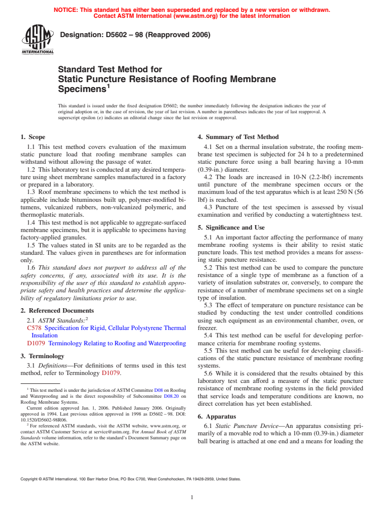 ASTM D5602-98(2006) - Standard Test Method for Static Puncture Resistance of Roofing Membrane Specimens