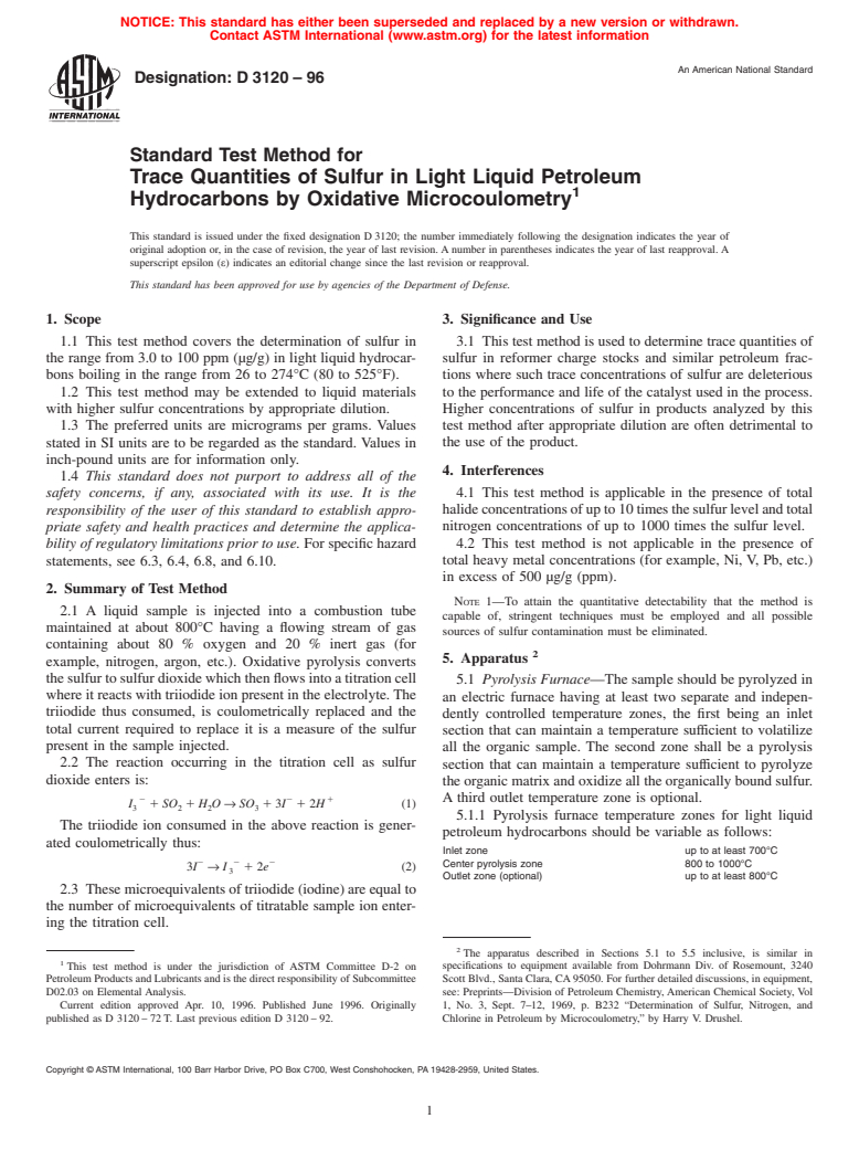 ASTM D3120-96 - Standard Test Method for Trace Quantities of Sulfur in Light Liquid Petroleum Hydrocarbons by Oxidative Microcoulometry